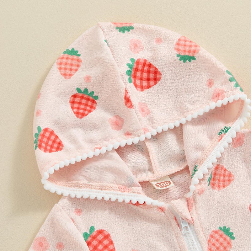 Licupiee Girls Hooded Zip Terry Coverups Swimsuit Kids Baby Girl Floral Print Short Sleeve Swim Cover-Up Swimwear (Strawberry, 12-24 Months) - Image 4