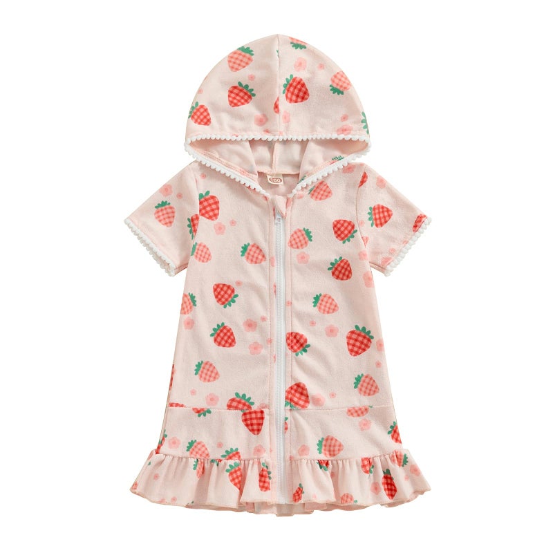 Licupiee Girls Hooded Zip Terry Coverups Swimsuit Kids Baby Girl Floral Print Short Sleeve Swim Cover-Up Swimwear (Strawberry, 12-24 Months) - Image 1
