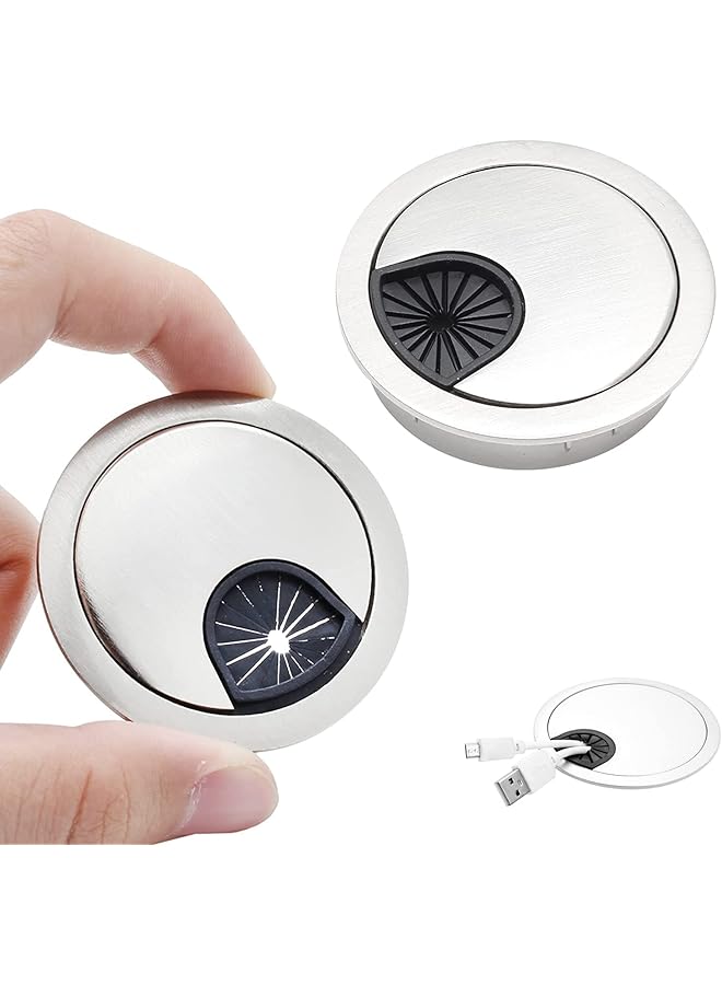 PROMASS Desk Cable Grommet 60mm, 2Pcs Metal Cable Hole Cover Table Grommet, Computer Cable Pass Tidies Desk Caps Surface Port Hole Covers Wire Organizers for Desk Office, Port Hole Covers (Brushed Chrome) - Image 1