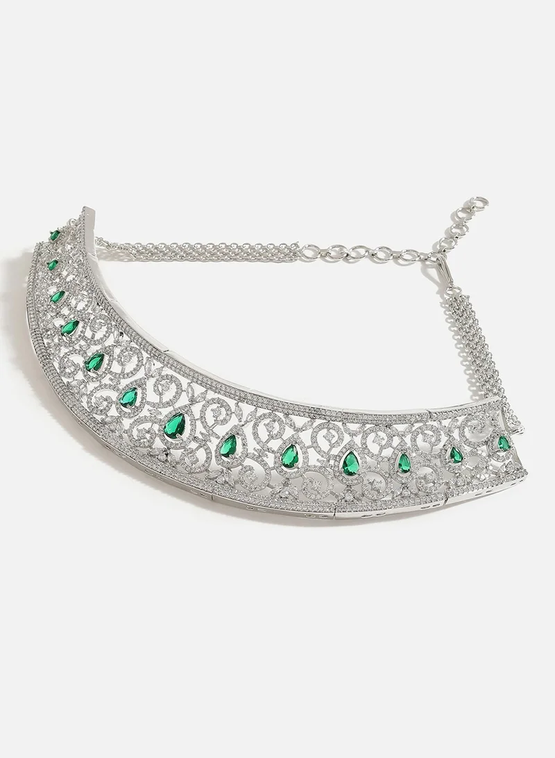 سوهي طقم قلادة وأقراط من الألماس الأمريكي والحجر المصمم المطلي بالفضة