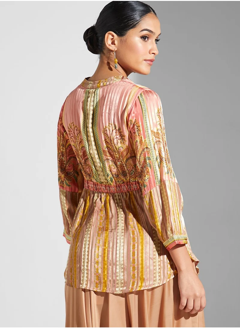 RITU KUMAR V-Neck Button Detail Printed Kurti