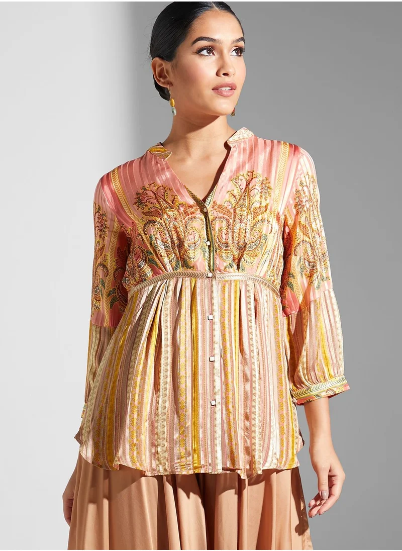 RITU KUMAR V-Neck Button Detail Printed Kurti