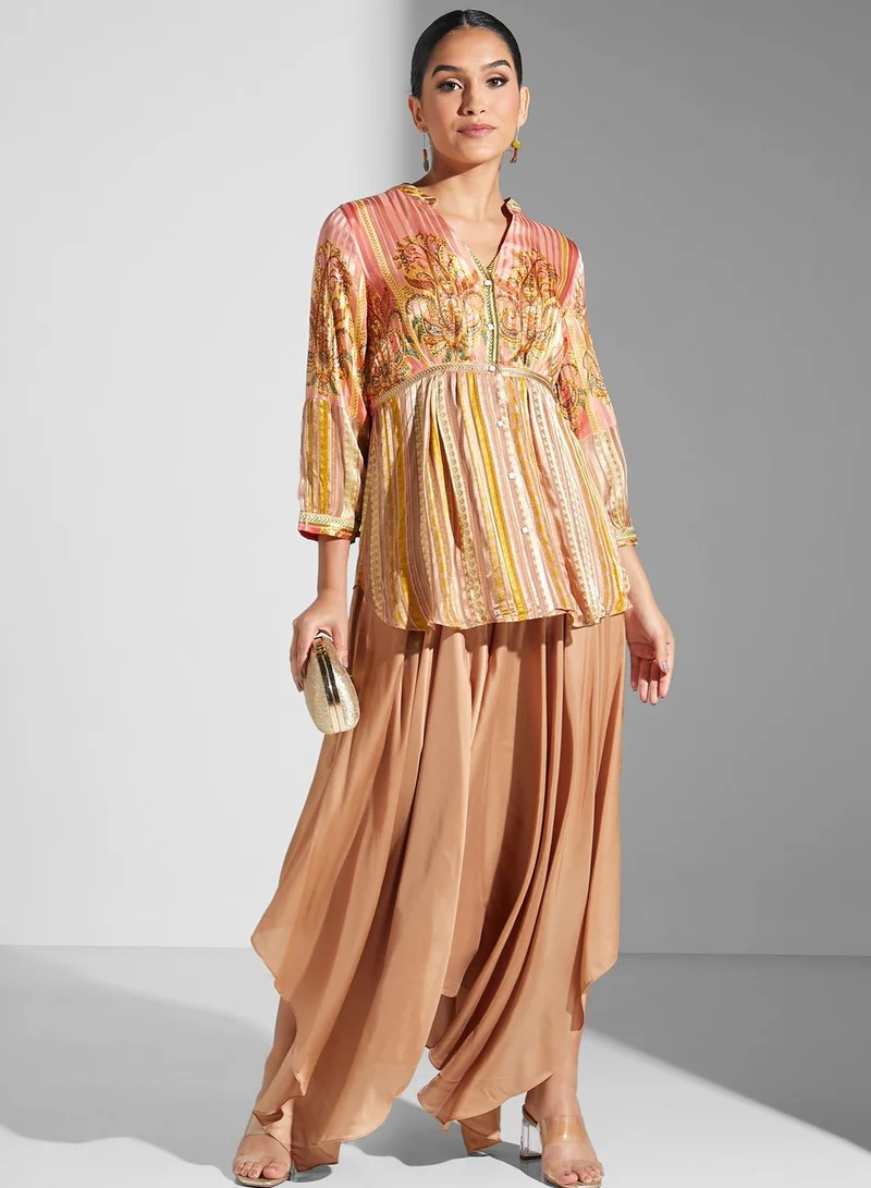 RITU KUMAR V-Neck Button Detail Printed Kurti