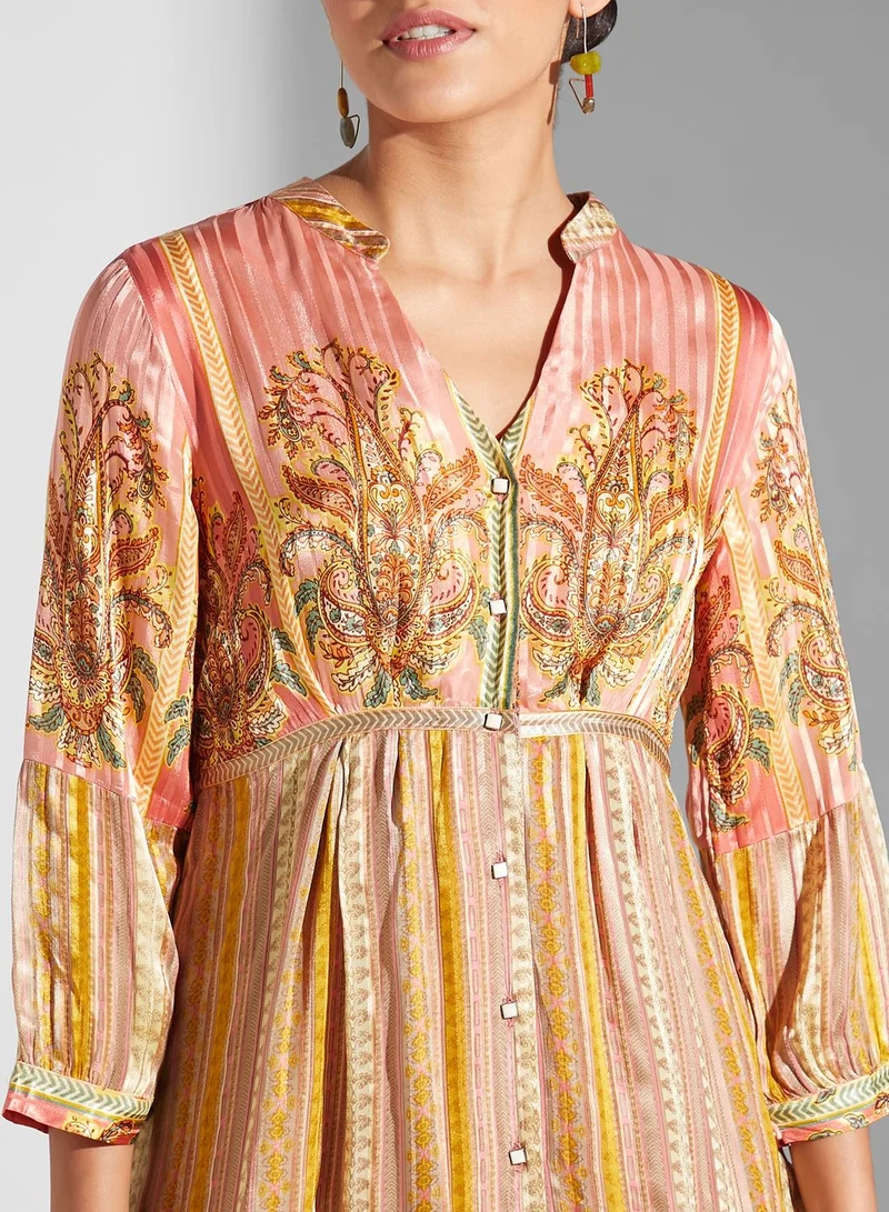 RITU KUMAR V-Neck Button Detail Printed Kurti