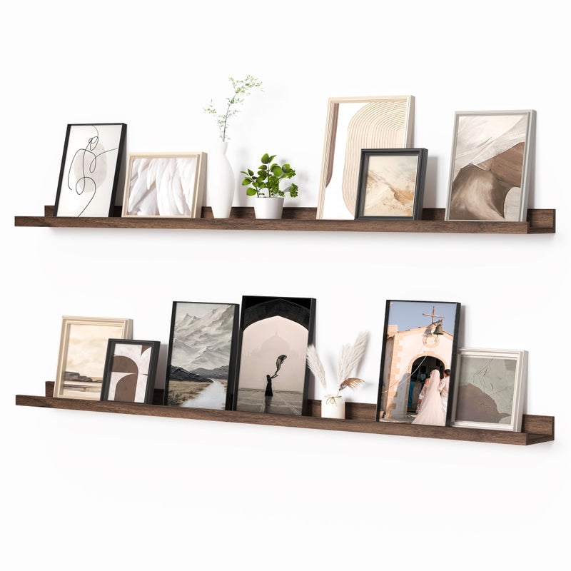 Heimlove Picture Ledge Shelf, Floating Shelves Set of 2, 56 Inches Picture Shelf for Wall with Ledge, Kids Bookshelf Wall Mounted for Living Room Bedroom Decor Books Photo Frames, Walnut - Image 1