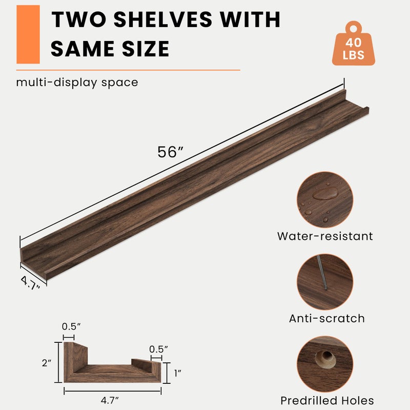 Heimlove Picture Ledge Shelf, Floating Shelves Set of 2, 56 Inches Picture Shelf for Wall with Ledge, Kids Bookshelf Wall Mounted for Living Room Bedroom Decor Books Photo Frames, Walnut - Image 2