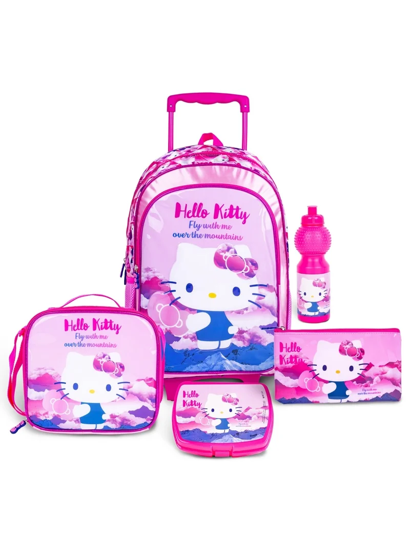 Sanrio Hello Kitty 5-in-1 Trolley School Bag Set - Ergonomic Backpack, Water Bottle, Lunch Box, Insulated Bag & Pencil Case, Lightweight & Durable, for Girls 6+, Perfect for School & Travel