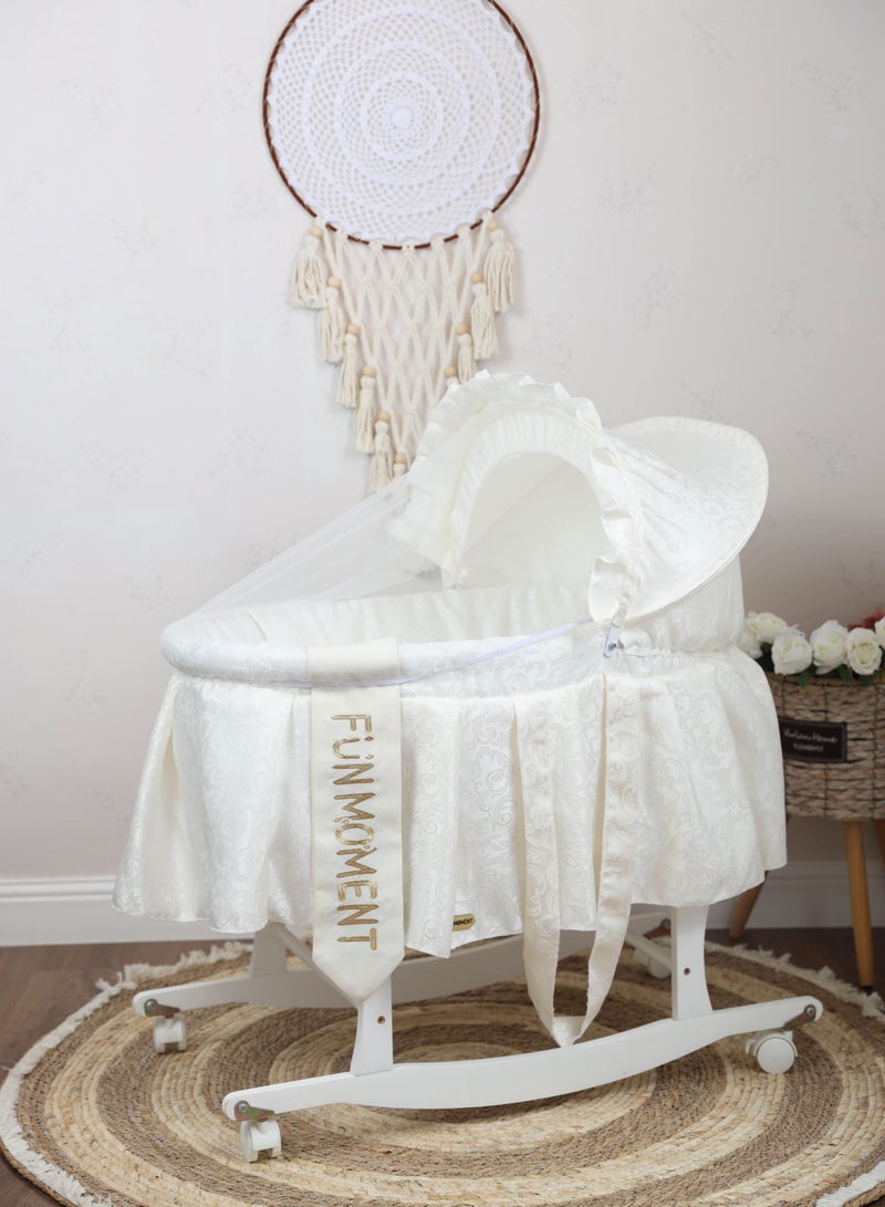 FUN MOMENT Baby cradle Moses basket for babies with mosquito net with white holder with wheels - Image 1