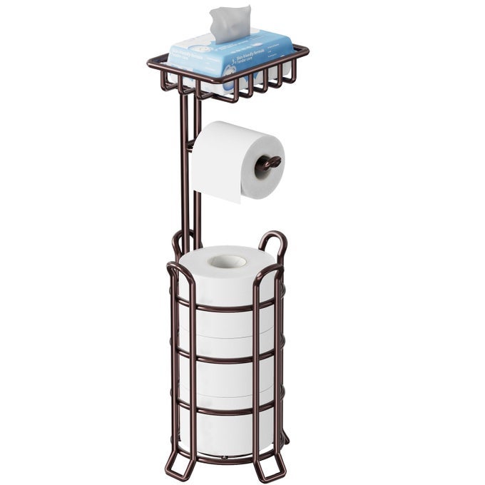 TOILET PAPER HOLDER UPGRADED TOILET PAPER STAND WITH 4 RAISED FEET METAL FREE STANDING TISSUE PAPER ROLL DISPENSER WITH STORAGE SHELF STURDY BATHROOM ACCESSORIES BRONZE