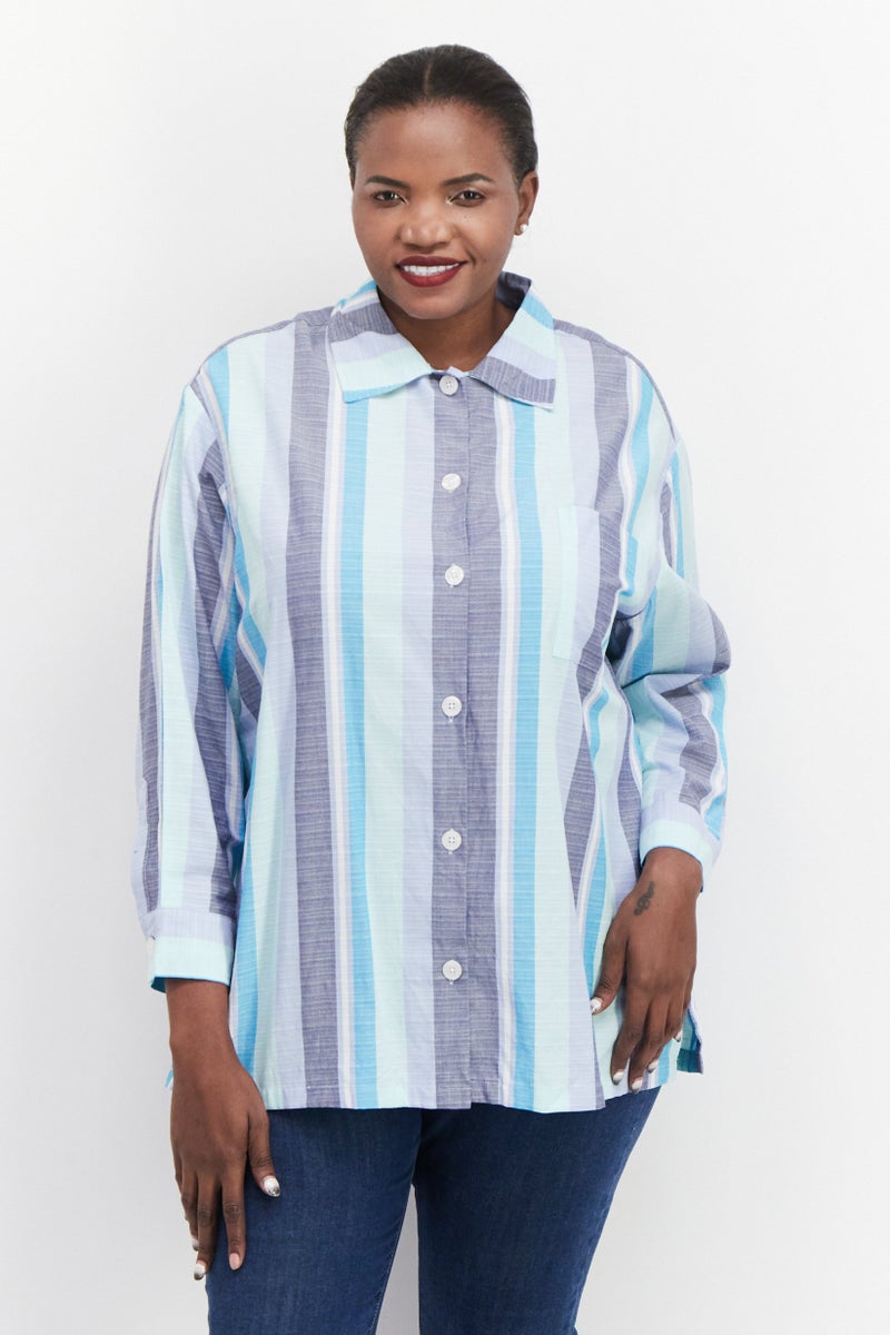 ANNE KLEIN Women Plus Size Spread Neck Long Sleeves Stripe Shirt, Blue - Image 1