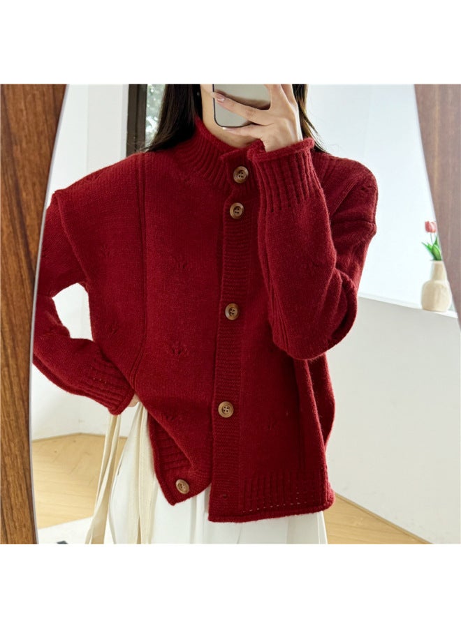 Leyuan Oversized Thick Autumn Winter Retro Knitted Cardigan Top Stand Collar Rolled Cuff Long Sleeve Loose Lazy Fit Sweater Women - Image 1