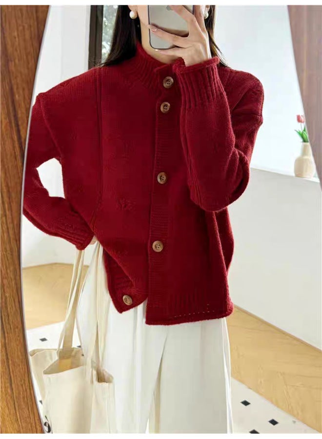 Leyuan Oversized Thick Autumn Winter Retro Knitted Cardigan Top Stand Collar Rolled Cuff Long Sleeve Loose Lazy Fit Sweater Women - Image 4