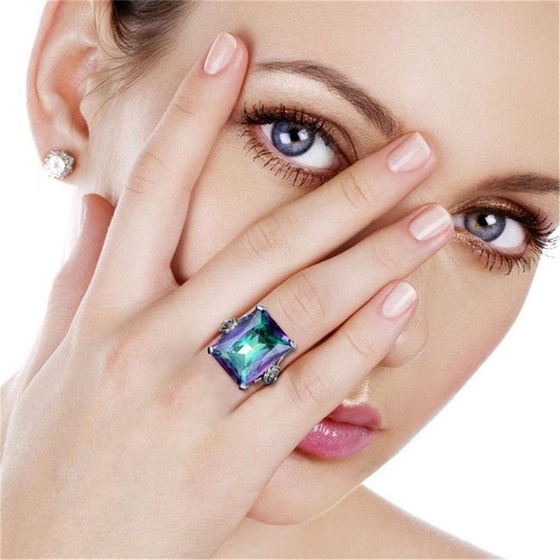 AZQ 925 Sterling Silver Fashion Natural Topaz Ring 5ct Square perfect cut Rainbow Topaz Gemstone Promise Rings CZ Eternity Engagement Wedding Band Ring for Women (US Code 8) - Image 3