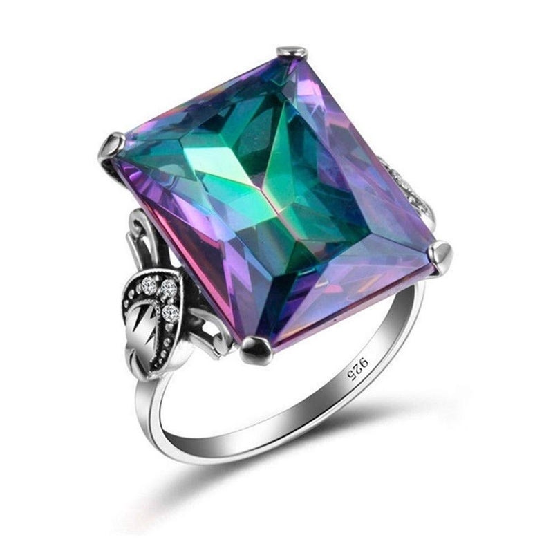 AZQ 925 Sterling Silver Fashion Natural Topaz Ring 5ct Square perfect cut Rainbow Topaz Gemstone Promise Rings CZ Eternity Engagement Wedding Band Ring for Women (US Code 8) - Image 1