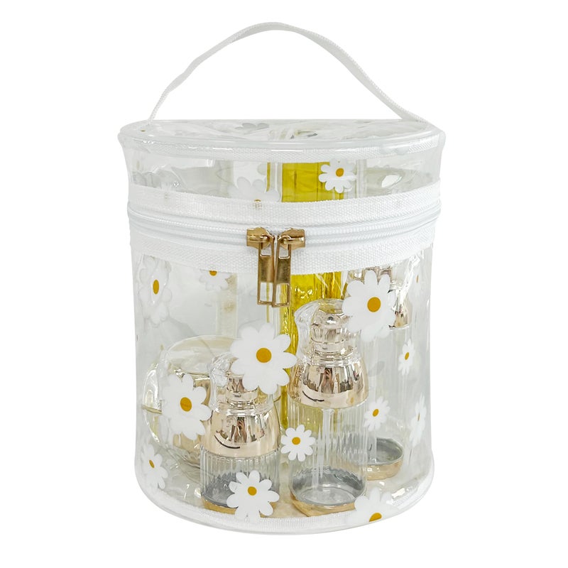 TotePrint Printed Flowers Clear Cylinder Travel Makeup Bag,Portable Waterproof Pouch with Handle Ideal for Women and Girl (Daisy (D1049-1)) - Image 1