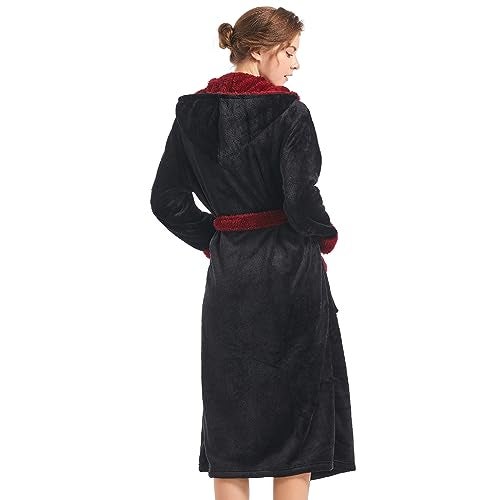 Inner Wish Women Hooded Plush Robe, Fleece Cozy Warm Bathrobe Fuzzy Female Spa Robe With Pockets Spa Bathrobe,BLACK+BURGUNDY, S/M - Image 3