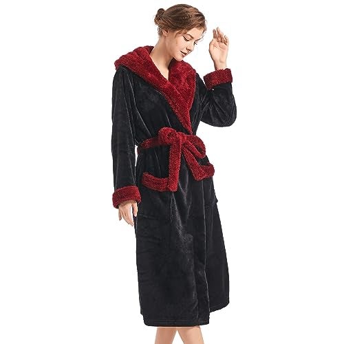 Inner Wish Women Hooded Plush Robe, Fleece Cozy Warm Bathrobe Fuzzy Female Spa Robe With Pockets Spa Bathrobe,BLACK+BURGUNDY, S/M - Image 2