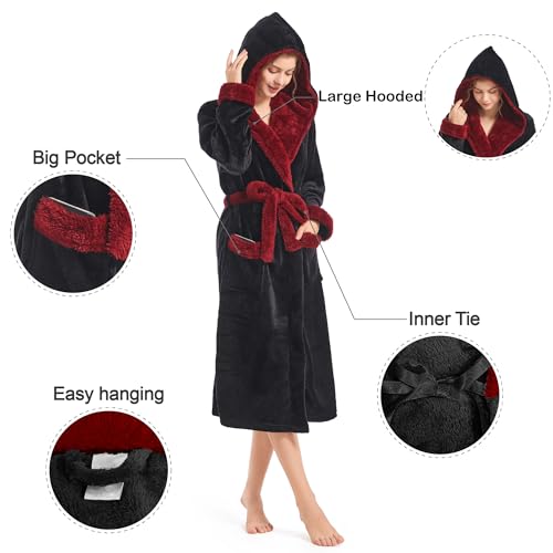 Inner Wish Women Hooded Plush Robe, Fleece Cozy Warm Bathrobe Fuzzy Female Spa Robe With Pockets Spa Bathrobe,BLACK+BURGUNDY, S/M - Image 5