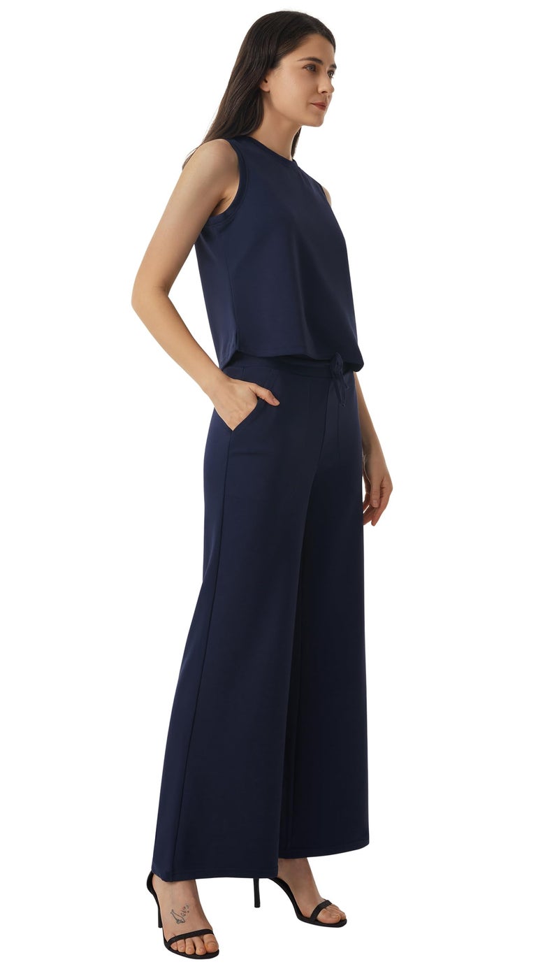AFITNE Womens 2 Piece Outfits Air Essentials Sleeveless Tank Crop Top Wide Leg Sweatpants Lounge Set 2024 Tracksuit 29" Blue, XS - Image 5