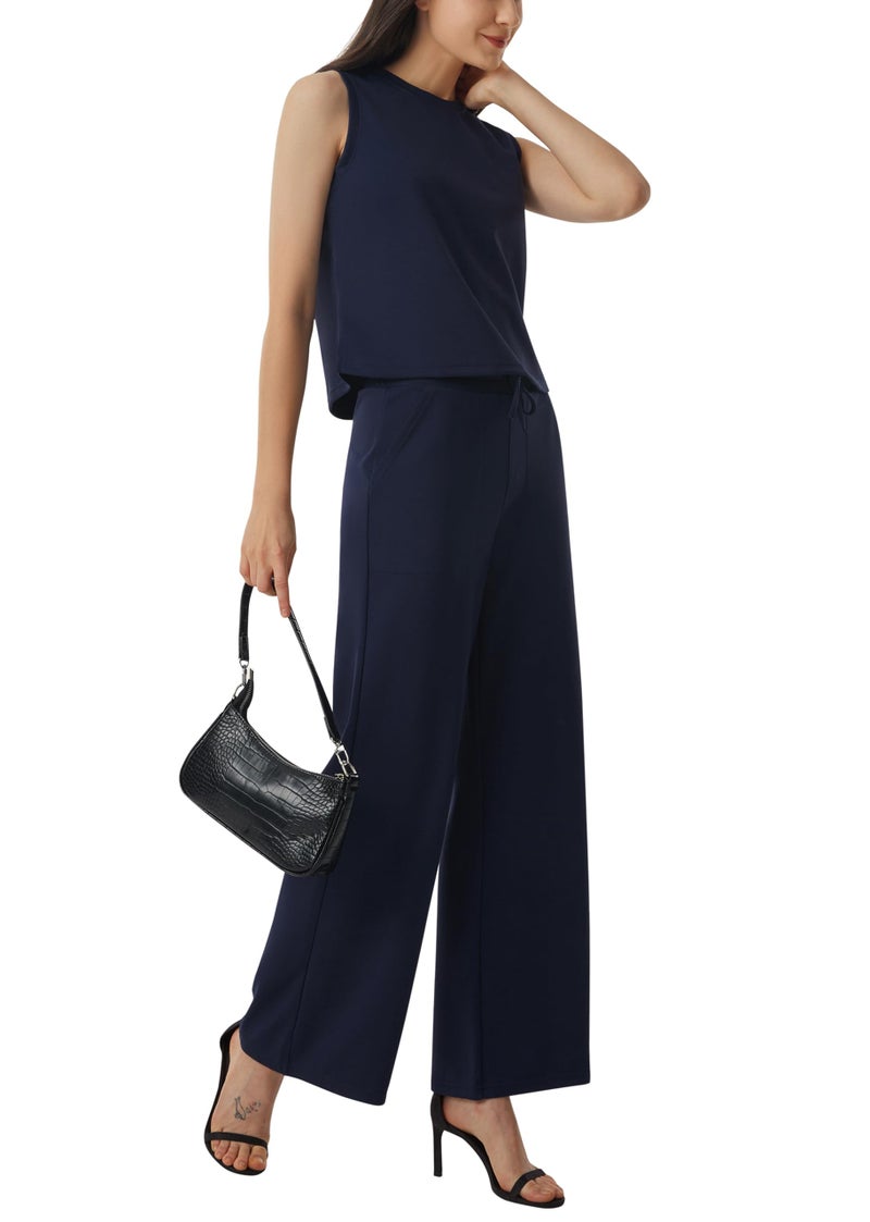 AFITNE Womens 2 Piece Outfits Air Essentials Sleeveless Tank Crop Top Wide Leg Sweatpants Lounge Set 2024 Tracksuit 29" Blue, XS - Image 2