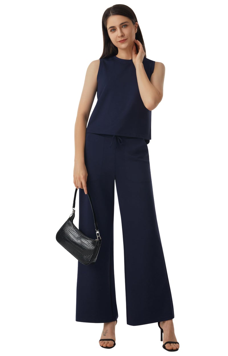 AFITNE Womens 2 Piece Outfits Air Essentials Sleeveless Tank Crop Top Wide Leg Sweatpants Lounge Set 2024 Tracksuit 29" Blue, XS - Image 4