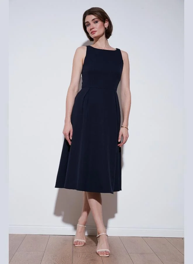 Lela Lela Regular Fit Crew Neck Pocketed Pleated Midi Length Evening Dress Women's Dress 6111963