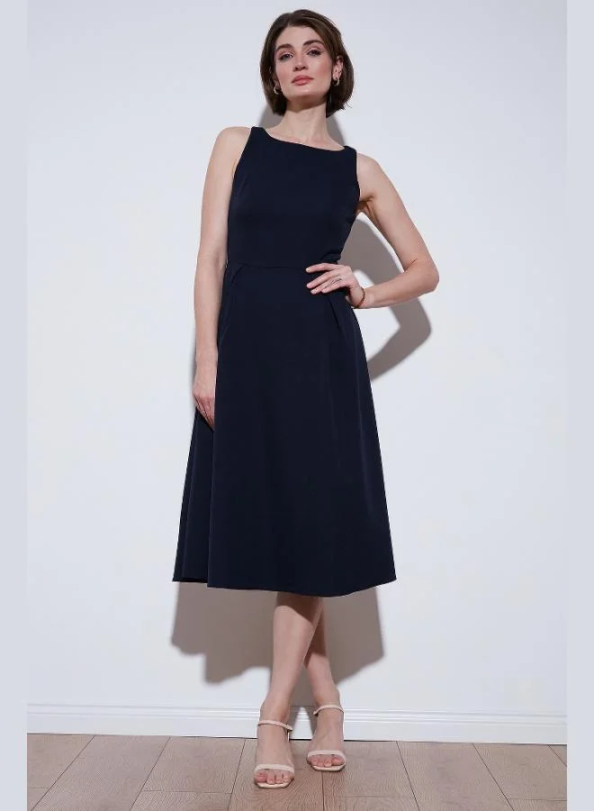 Lela  Lela Regular Fit Crew Neck Pocketed Pleated Midi Length Evening Dress Women's Dress 6111963 for Women | Best Price UAE