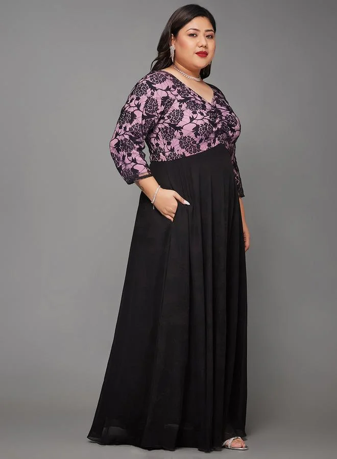 Miss Chase Miss Chase Plus Size Black Lace Insert Maxi Dress