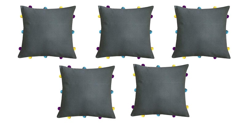 Lushomes Cushion Cover 12x12 Boho Cushion Covers Sofa Pillow Cover Cushion Covers with Tassels Cushion Cover with pom pom 12x12 Inches Set of 5 Grey - Image 1
