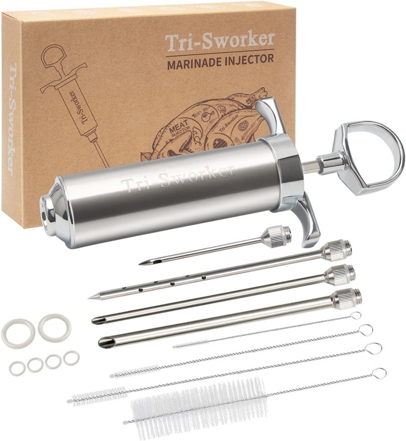 Tri-Sworker Meat Injector Syringe for Smoking with 4 Marinade Flavor Food Injector Needles, Ideal to Injector Marinades for Meats, Turkey, Brisket, Beef; 2-OZ Capacity - Image 1
