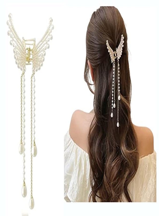 Mluffy Style Hair Tassel Pearl Decor Barrettes Clips Clamp | Rhinestone Metal Butterfly Thick Long Hair Clips Gold Pearl Claw Clips for Girl's and Women's (Golden) (Medium) - Image 1