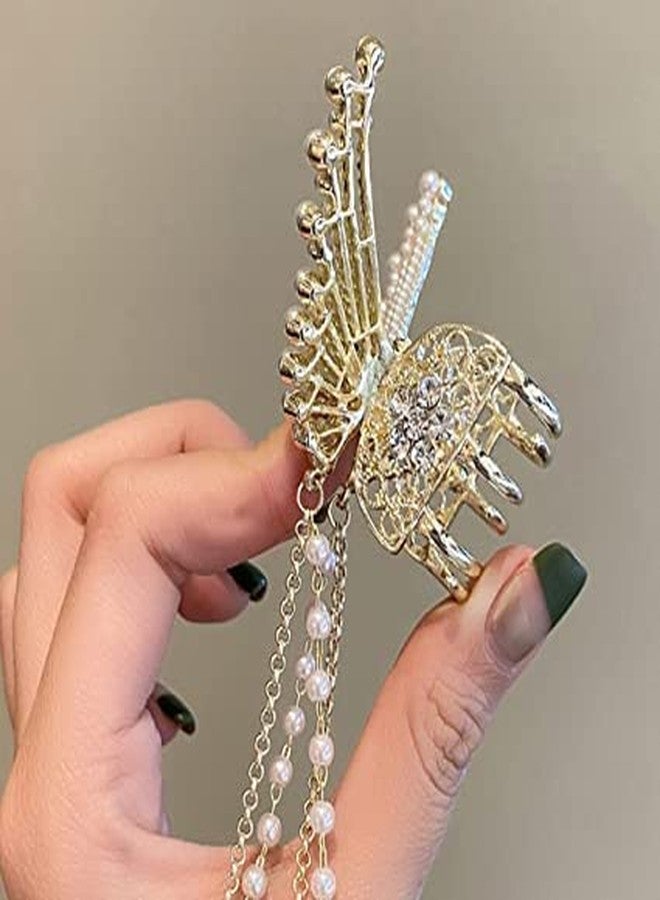 Mluffy Style Hair Tassel Pearl Decor Barrettes Clips Clamp | Rhinestone Metal Butterfly Thick Long Hair Clips Gold Pearl Claw Clips for Girl's and Women's (Golden) (Medium) - Image 3