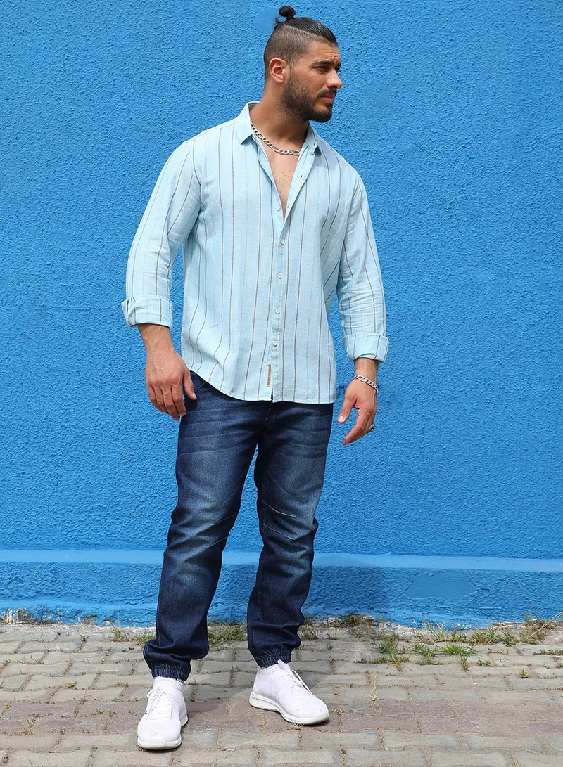 Instafab Plus Instafab Plus Men's Light Blue Contrast Pinstriped Shirt For Casual Wear | Spread Collar | Long Sleeve | Button Closure | Cotton Viscose Shirt Crafted With Comfort Fit For Everyday Wear