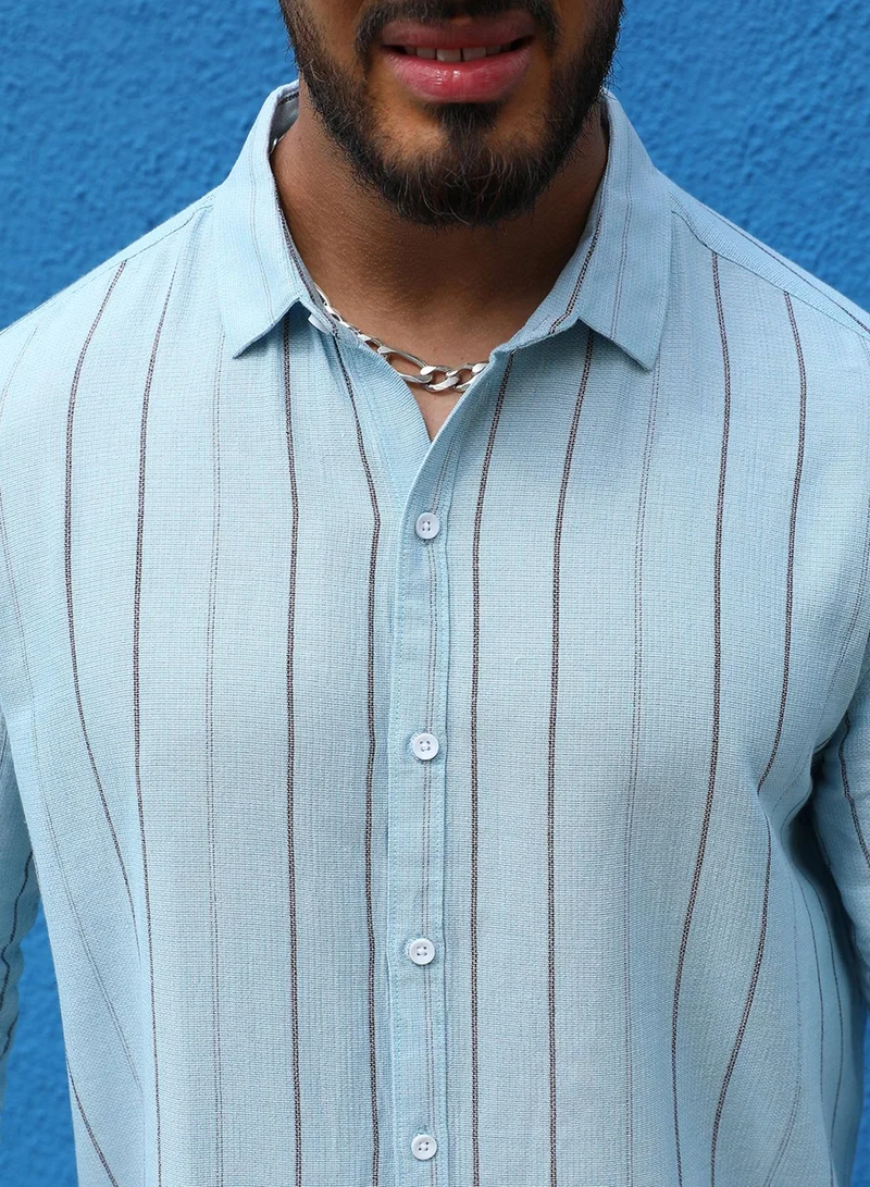 Instafab Plus Instafab Plus Men's Light Blue Contrast Pinstriped Shirt For Casual Wear | Spread Collar | Long Sleeve | Button Closure | Cotton Viscose Shirt Crafted With Comfort Fit For Everyday Wear