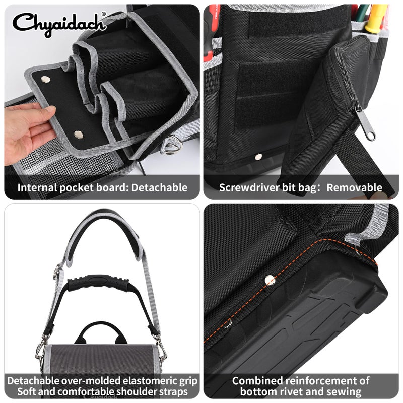 Chyaidach Electrician Tool Bag, 30-Pockets Heavy Duty Tool Pouch with Hard Bottom & Shoulder Strap, Utility Toolbox Storage Organizer for Service Tech HVAC Electrical Plumber - Image 5