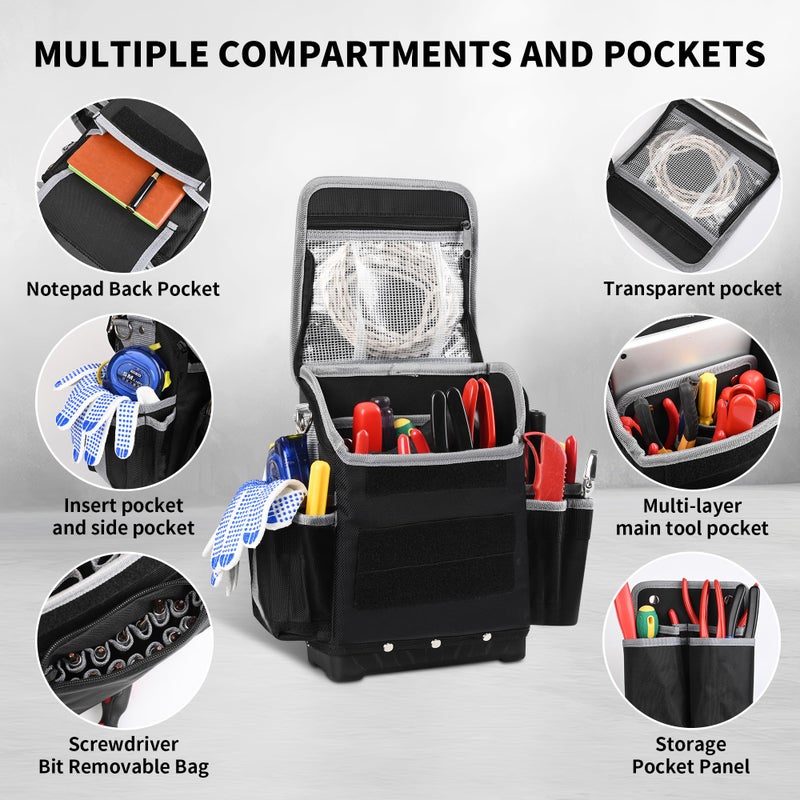 Chyaidach Electrician Tool Bag, 30-Pockets Heavy Duty Tool Pouch with Hard Bottom & Shoulder Strap, Utility Toolbox Storage Organizer for Service Tech HVAC Electrical Plumber - Image 3