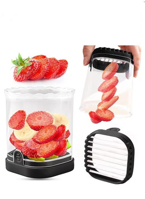 Fruit Slicer Cup, Strawberry, Banana Slicers, Detachable Fruit Cutter Slicer with Push Plate, Creative Strawberry Slicer Kitchen Gadget (Black)