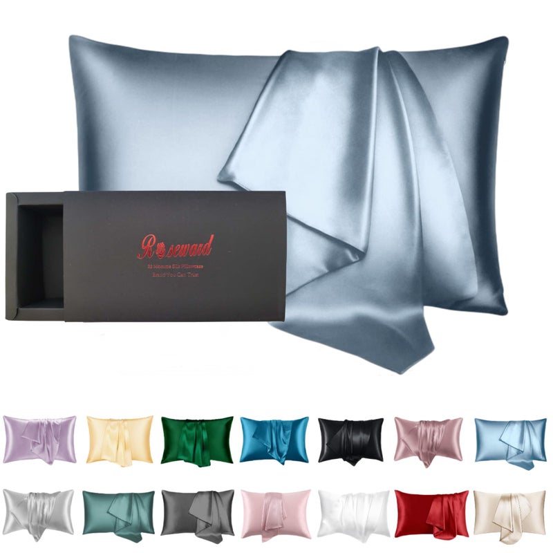 ROSEWARD 100% Mulberry Silk Pillowcase for Hair and Skin Made in USA, 22 Momme King Size Silk Pillow Case with Zipper, Cooling and Soft, Anti Wrinkle, Anti Acne, Washable (Blue Grey, King) - Image 1