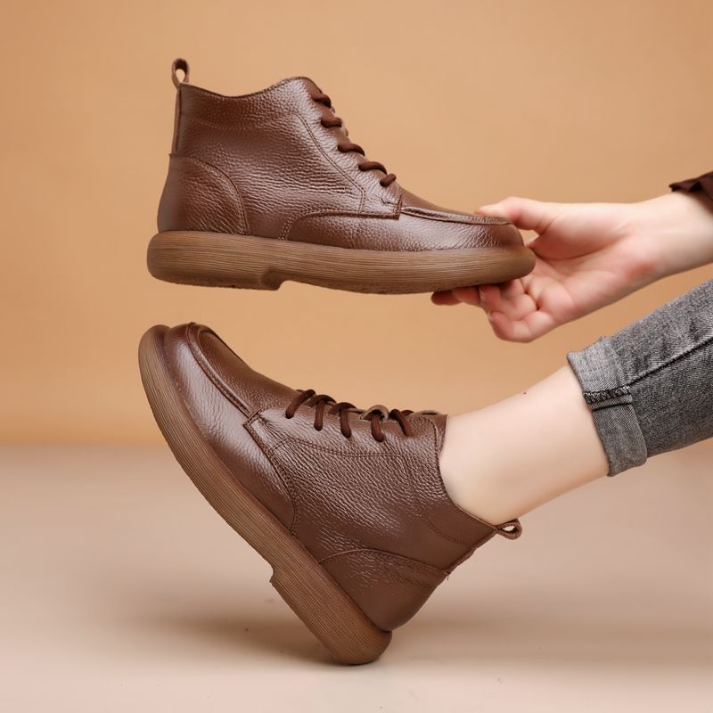 Genuine Leather Wool Short Boots Boots Flat Mother Fleece-Lined Vintage Non-Slip Martin - Image 1