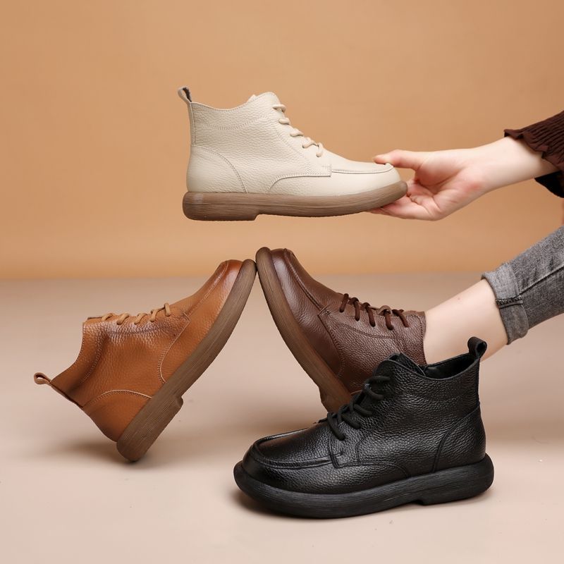 Genuine Leather Wool Short Boots Boots Flat Mother Fleece-Lined Vintage Non-Slip Martin - Image 2
