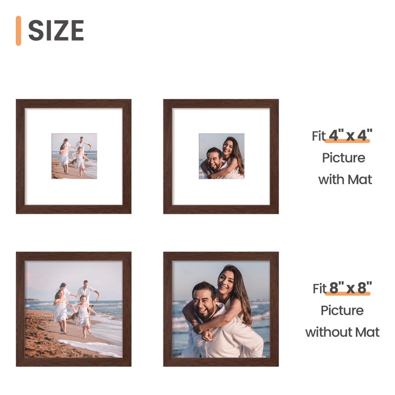 upsimples upsimples 8x8 Picture Frame  Display Pictures 4x4 with Mat or 8x8 Without Mat  Wall Hanging Photo Frame  Brown  1 Pack - Image 3