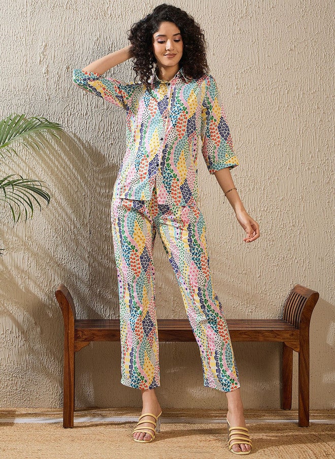 StyleStone طقم قميص مزخرف بالأزهار مع ياقة وقميص وسروال من ستايلستون - Image 1