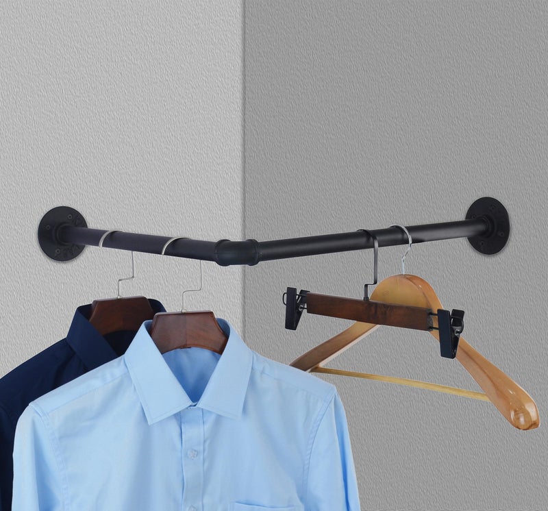 AddGrace Industrial Pipe Garment Rack Iron Wall Mounted Right Angle Corner Clothing Rack with Screws DIY Home Storage Display Black 181