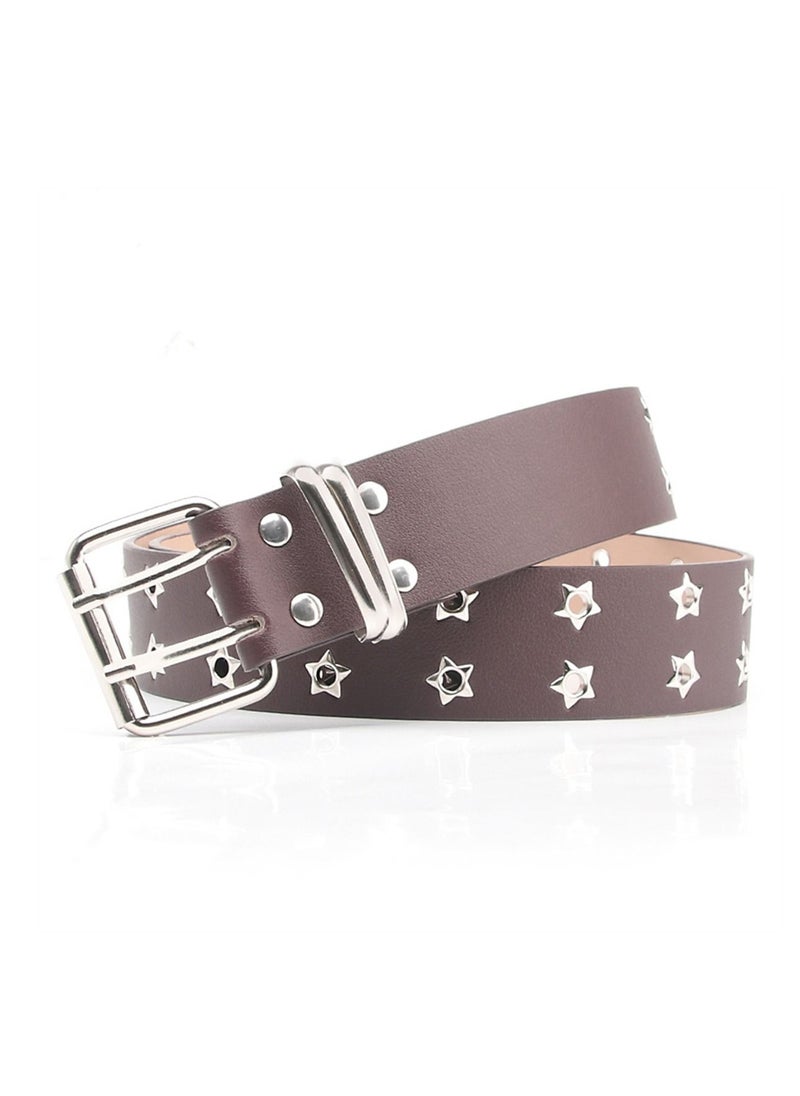 Loquat - Star Double Exhaust Eyeholes Women's Fashion Versatile Casual Punk Jeans Belt Brown - Image 1
