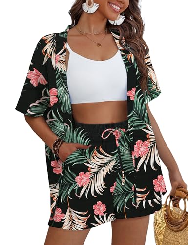REDHOTYPE Women's 2 Piece Hawaiian Outfits Tropical Swimsuit Cover Up Kimono Beach Wear Set with Shorts Pockets Red Flower Small - Image 1