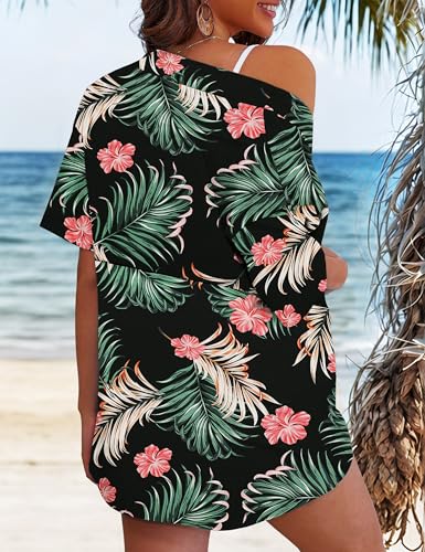 REDHOTYPE Women's 2 Piece Hawaiian Outfits Tropical Swimsuit Cover Up Kimono Beach Wear Set with Shorts Pockets Red Flower Small - Image 4