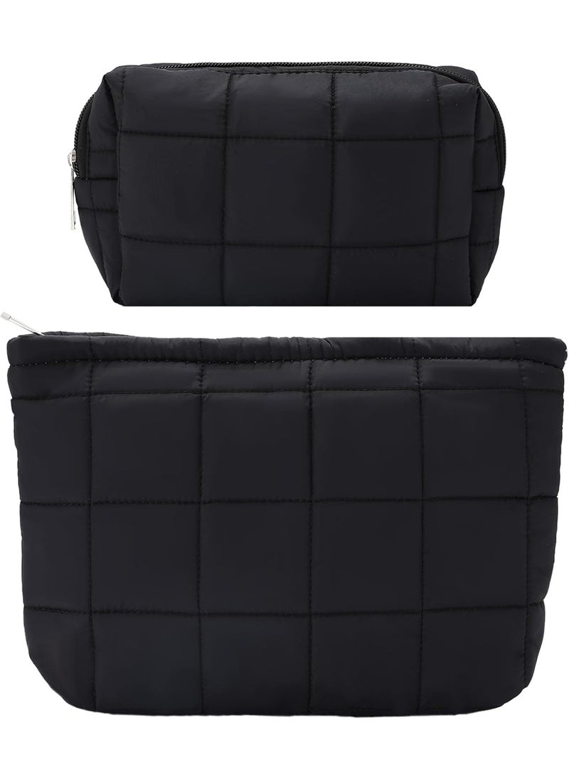 Lydztion LYDZTION 2Pcs Puffy Makeup Bag Cosmetic Bag for Women,Quilted Makeup Bag Pencil Pouch Checkered Makeup Bag Makeup Pouch Organizing Bag Travel Makeup Bag,Black 
