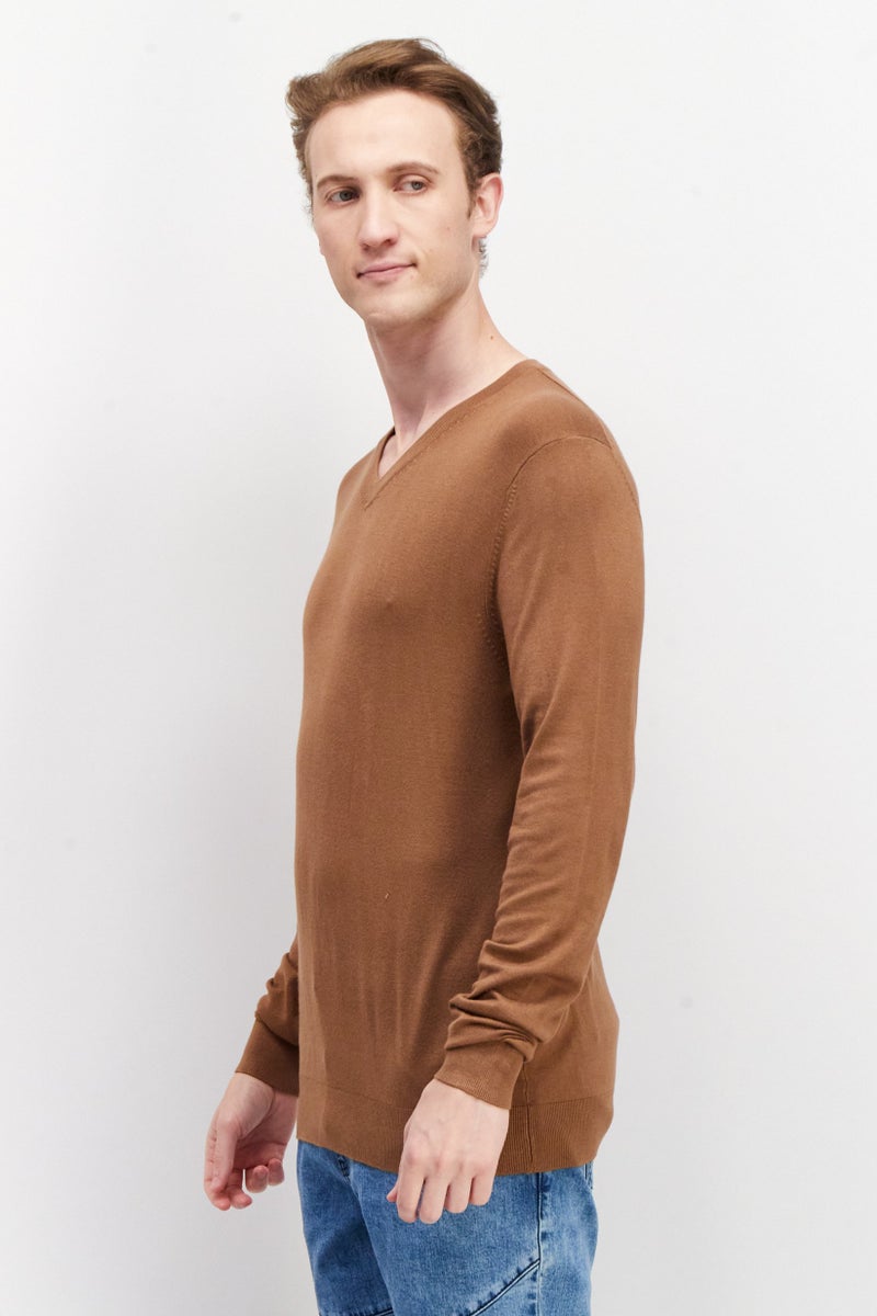 Celio Men V-Neck Plain Long Sleeves Sweatshirt, Brown - Image 3