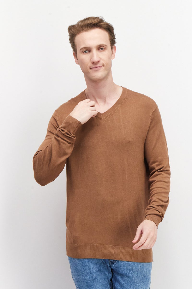 Celio Men V-Neck Plain Long Sleeves Sweatshirt, Brown - Image 1