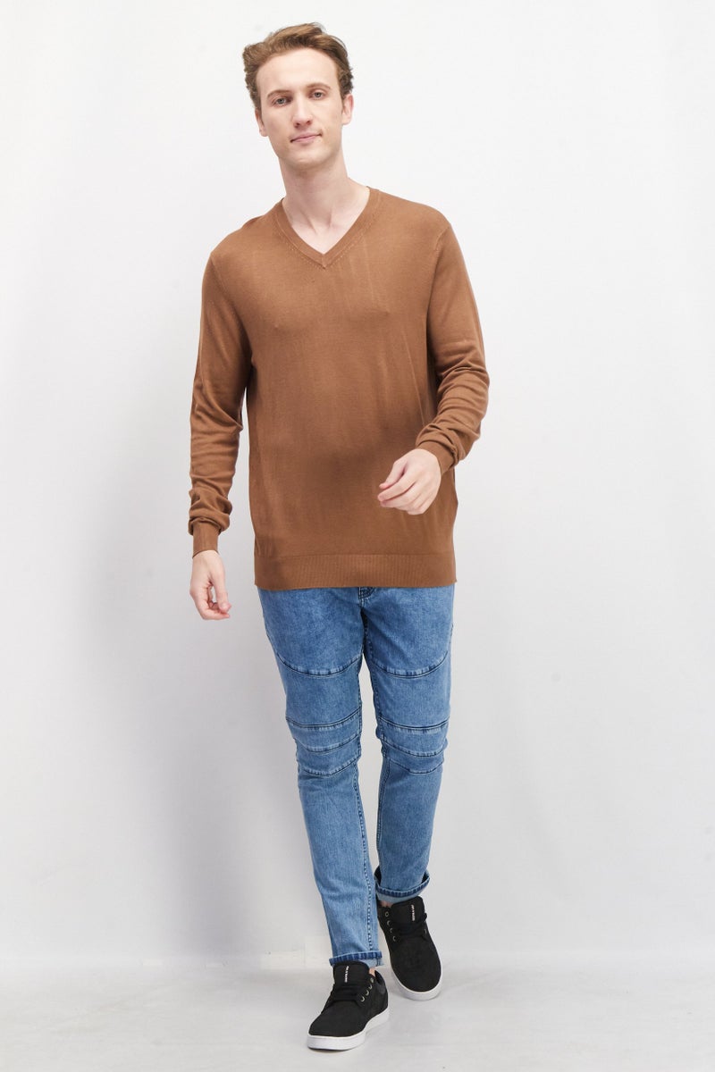 Celio Men V-Neck Plain Long Sleeves Sweatshirt, Brown - Image 2